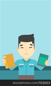 An asian man choosing between a tablet computer and a paper book. Man holding book in one hand and tablet computer in the other. Vector flat design illustration. Vertical layout.. Man choosing between book and tablet computer.