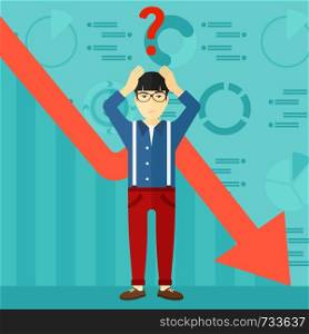 An asian man clutching his head and a big question mark above on the background of business graph going down vector flat design illustration. Square layout.. Bankrupt clutching his head.