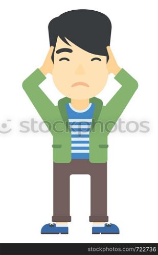 An asian man clutching his head vector flat design illustration isolated on white background. Vertical layout.. Man clutching his head in desperate.