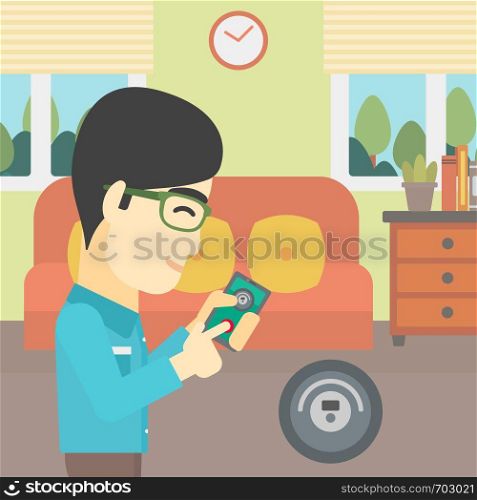 An asian man controlling robotic vacuum cleaner with his smartphone in the living room. Vector flat design illustration. Square layout.. Man controlling vacuum cleaner with smartphone.