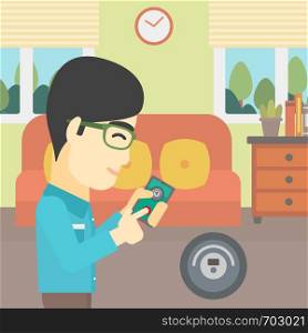 An asian man controlling robotic vacuum cleaner with his smartphone in the living room. Vector flat design illustration. Square layout.. Man controlling vacuum cleaner with smartphone.