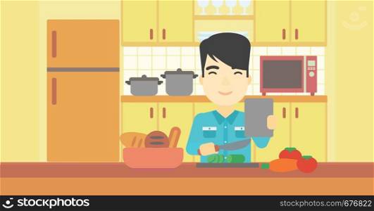An asian man cutting vegetables for salad. Man following recipe for salad on digital tablet. Man cooking vegetable salad in the kitchen. Vector flat design illustration. Horizontal layout.. Man cooking healthy vegetable salad.