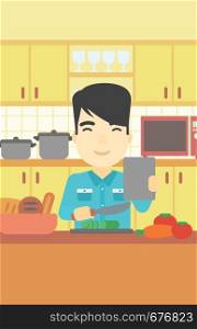 An asian man cutting vegetables for salad. Man following recipe for salad on digital tablet. Man cooking vegetable salad in the kitchen. Vector flat design illustration. Vertical layout.. Man cooking healthy vegetable salad.
