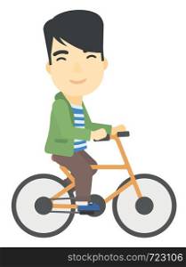 An asian man cycling to work vector flat design illustration isolated on white background.. Man cycling to work.