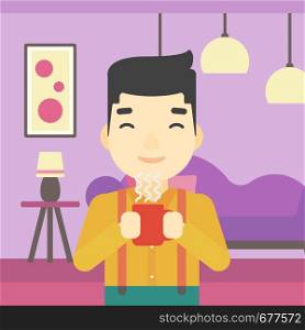 An asian man drinking hot flavored coffee. Young smiling man with cup of coffee. Man enjoying coffee at home. Vector flat design illustration. Square layout.. Man enjoying cup of hot coffee.