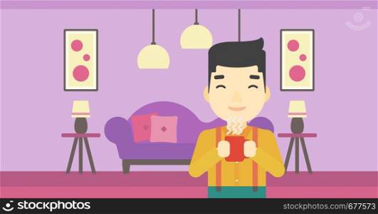 An asian man drinking hot flavored coffee. Young smiling man with cup of coffee. Man enjoying coffee at home. Vector flat design illustration. Horizontal layout.. Man enjoying cup of hot coffee.