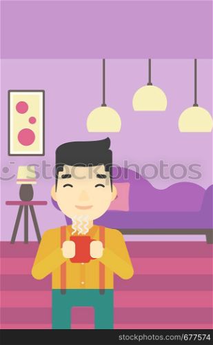 An asian man drinking hot flavored coffee. Young smiling man with cup of coffee. Man enjoying coffee at home. Vector flat design illustration. Vertical layout.. Man enjoying cup of hot coffee.