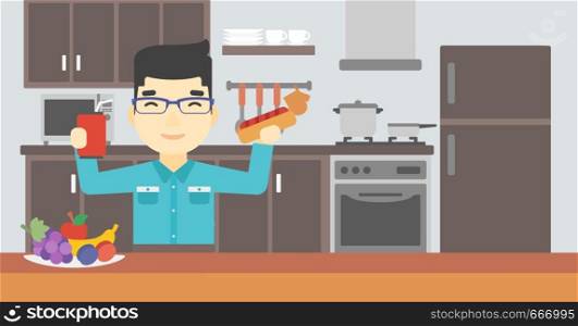 An asian man eating fast food. Man holding fast food in hands in the kitchen. Man choosing between fast food and healthy food. Vector flat design illustration. Horizontal layout.. Man eating fast food vector illustration.