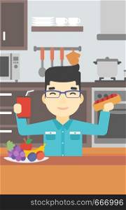 An asian man eating fast food. Man holding fast food in hands in the kitchen. Man choosing between fast food and healthy food. Vector flat design illustration. Vertical layout.. Man eating fast food vector illustration.