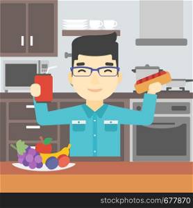 An asian man eating fast food. Man holding fast food in hands in the kitchen. Man choosing between fast food and healthy food. Vector flat design illustration. Square layout.. Man eating fast food vector illustration.