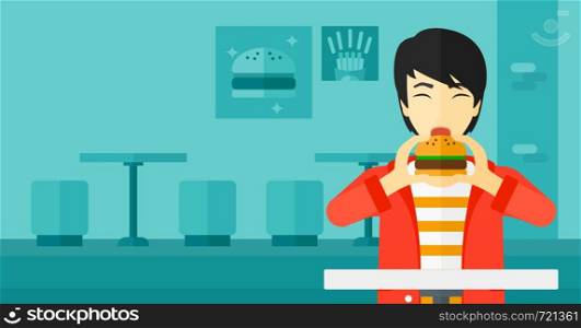 An asian man eating hamburger on a cafe background vector flat design illustration. Horizontal layout.. Man eating hamburger.