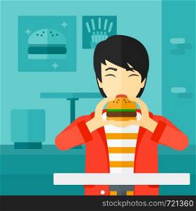 An asian man eating hamburger on a cafe background vector flat design illustration. Square layout.. Man eating hamburger.