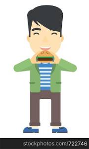 An asian man eating hamburger vector flat design illustration isolated on white background. Vertical layout.. Man eating hamburger.