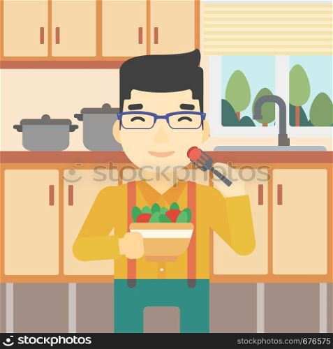 An asian man eating healthy vegetable salad. Young man eating fresh vegetable salad at home. Man holding bowl full of salad in the kitchen. Vector flat design illustration. Square layout.. Man eating healthy vegetable salad.