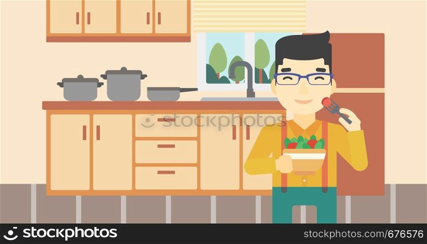 An asian man eating healthy vegetable salad. Young man eating fresh vegetable salad at home. Man holding bowl full of salad in the kitchen. Vector flat design illustration. Horizontal layout.. Man eating healthy vegetable salad.