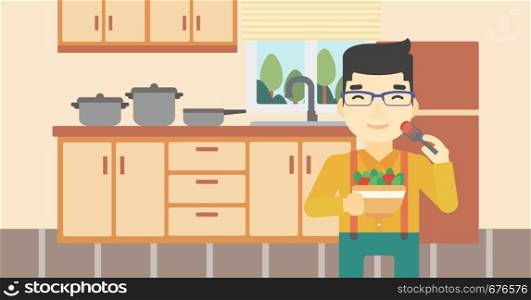 An asian man eating healthy vegetable salad. Young man eating fresh vegetable salad at home. Man holding bowl full of salad in the kitchen. Vector flat design illustration. Horizontal layout.. Man eating healthy vegetable salad.