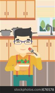An asian man eating healthy vegetable salad. Young man eating fresh vegetable salad at home. Man holding bowl full of salad in the kitchen. Vector flat design illustration. Vertical layout.. Man eating healthy vegetable salad.