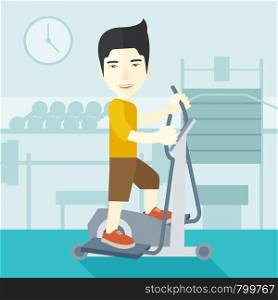 An asian man exercising on a elliptical machine in the gym vector flat design illustration. Square layout.. Man making exercises.