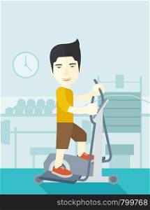 An asian man exercising on a elliptical machine in the gym vector flat design illustration. Vertical layout with a text space.. Man making exercises.