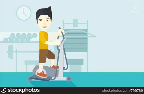 An asian man exercising on a elliptical machine in the gym vector flat design illustration. Horizontal layout with a text space.. Man making exercises.