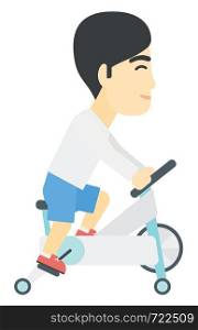 An asian man exercising on stationary training bicycle vector flat design illustration isolated on white background. . Man doing cycling exercise.