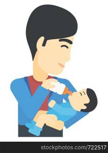 An asian man feeding a little baby with a milk bottle vector flat design illustration isolated on white background. . Man feeding baby.
