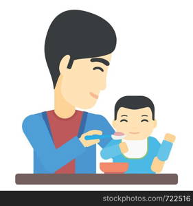 An asian man feeding baby vector flat design illustration isolated on white background. . Man feeding baby.