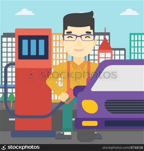 An asian man filling up fuel into the car. Man standing at the gas station and refueling a car. Vector flat design illustration. Square layout.. Worker filling up fuel into car.