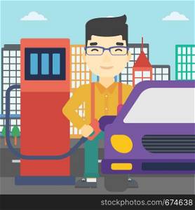 An asian man filling up fuel into the car. Man standing at the gas station and refueling a car. Vector flat design illustration. Square layout.. Worker filling up fuel into car.