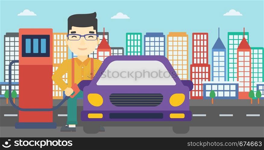 An asian man filling up fuel into the car. Man standing at the gas station and refueling a car. Vector flat design illustration. Horizontal layout.. Worker filling up fuel into car.