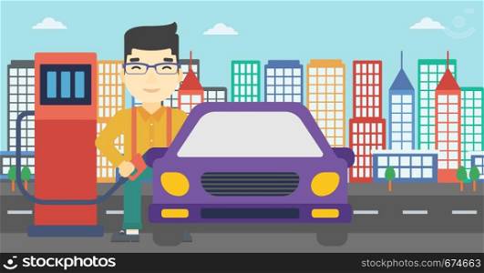 An asian man filling up fuel into the car. Man standing at the gas station and refueling a car. Vector flat design illustration. Horizontal layout.. Worker filling up fuel into car.