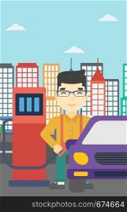 An asian man filling up fuel into the car. Man standing at the gas station and refueling a car. Vector flat design illustration. Vertical layout.. Worker filling up fuel into car.