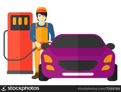 An asian man filling up fuel into the car vector flat design illustration isolated on white background.. Man filling up fuel into car.