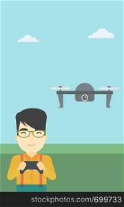 An asian man flying drone with remote control. Man operating a drone with remote control. Man controling a drone. Vector flat design illustration. Vertical layout.. Man flying drone vector illustration.