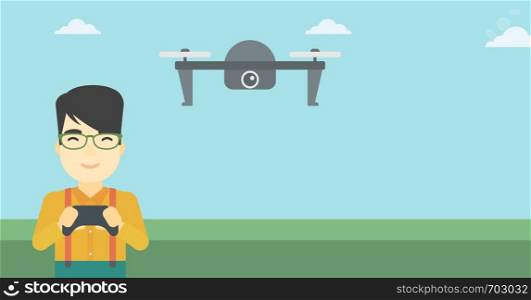 An asian man flying drone with remote control. Man operating a drone with remote control. Man controling a drone. Vector flat design illustration. Horizontal layout.. Man flying drone vector illustration.