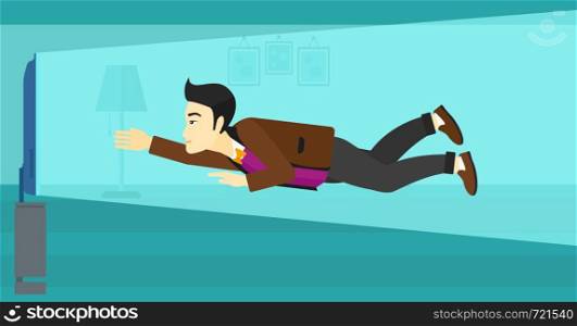An asian man flying in front of TV screen in living room vector flat design illustration. Horizontal layout.. Man suffering from TV addiction.