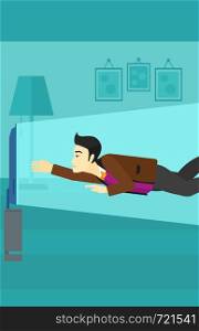 An asian man flying in front of TV screen in living room vector flat design illustration. Vertical layout.. Man suffering from TV addiction.