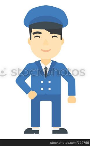 An asian man friendly school bus driver vector flat design illustration isolated on white background. Vertical layout.. School bus driver.