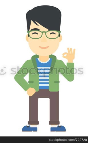 An asian man gesturing OK sign vector flat design illustration isolated on white background. Vertical layout.. Man gesturing OK sign.