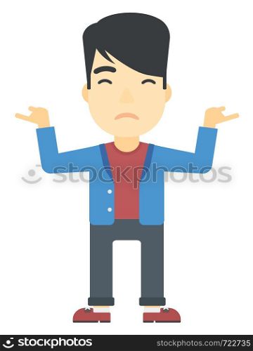 An asian man gesturing with open arms vector flat design illustration isolated on white background. Vertical layout.. Man standing with open arms.