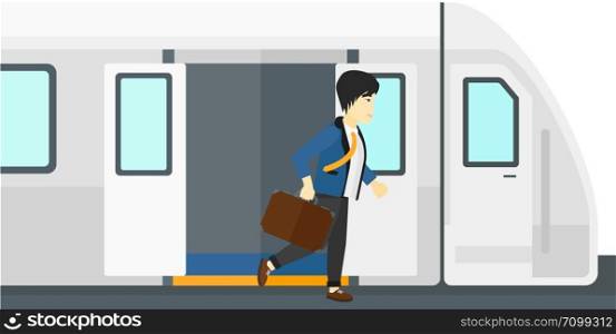An asian man going out of the train vector flat design illustration isolated on white background.. Man going out of train.