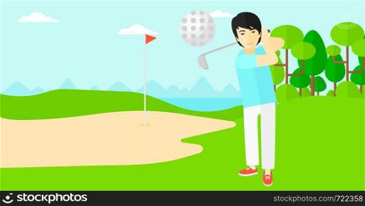An asian man hitting the ball on golf field vector flat design illustration. Horizontal layout.. Golf player hitting the ball.