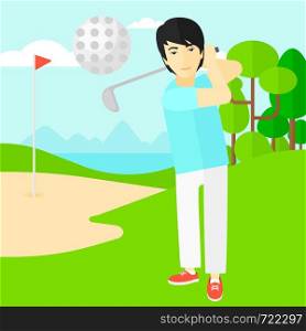 An asian man hitting the ball on golf field vector flat design illustration. Square layout.. Golf player hitting the ball.