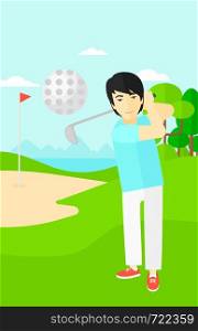 An asian man hitting the ball on golf field vector flat design illustration. Vertical layout.. Golf player hitting the ball.