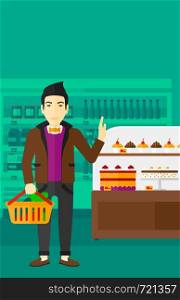 An asian man holding a basket full of healthy food and refusing junk food on a supermarket background vector flat design illustration. Vertical layout.. Man holding supermarket basket.