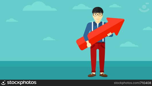 An asian man holding a big arrow in hands on the background of blue sky vector flat design illustration. Horizontal layout.. Successful businessman with arrow up.