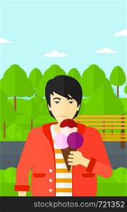 An asian man holding a big icecream in hand on a park background vector flat design illustration. Vertical layout.. Man holding icecream.