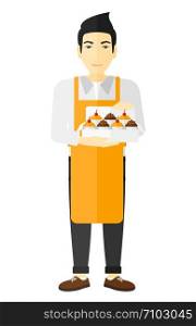 An asian man holding a box of cakes vector flat design illustration isolated on white background. . Baker holding box of cakes.