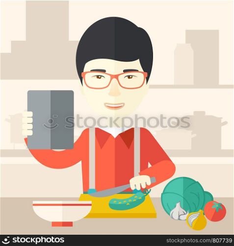 An asian man holding a digital tablet and cutting vegetables vector flat design illustration. Cooking technology concept. Square layout.. Man cooking food.