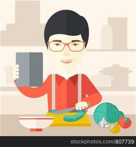 An asian man holding a digital tablet and cutting vegetables vector flat design illustration. Cooking technology concept. Square layout.. Man cooking food.
